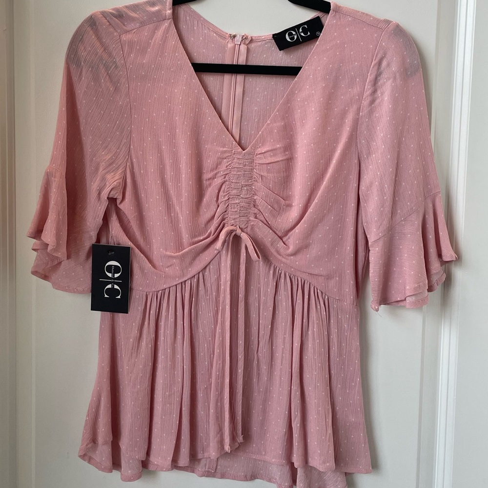 Light Pink Flowy Tie scrunch polka dot shirt